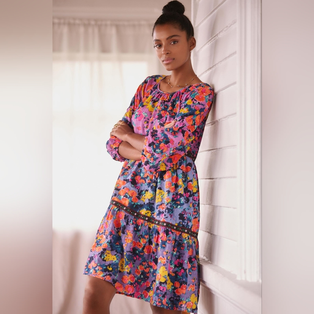 Anthropologie Purple and Orange Long Sleeve Dress